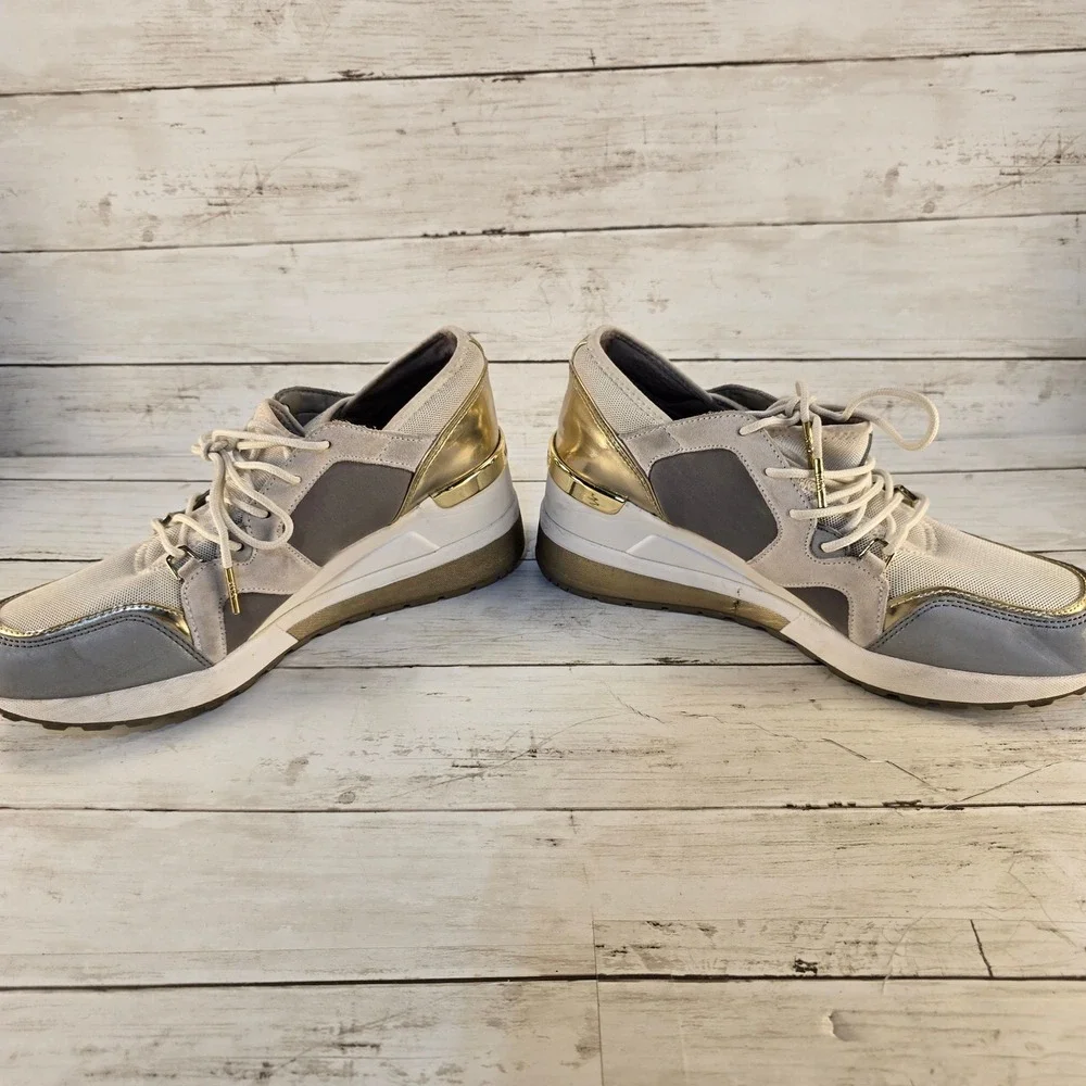Michael Michael Kors Georgie Trainer Metallic Wedge Sneakers Grey Gold 9M HL16H